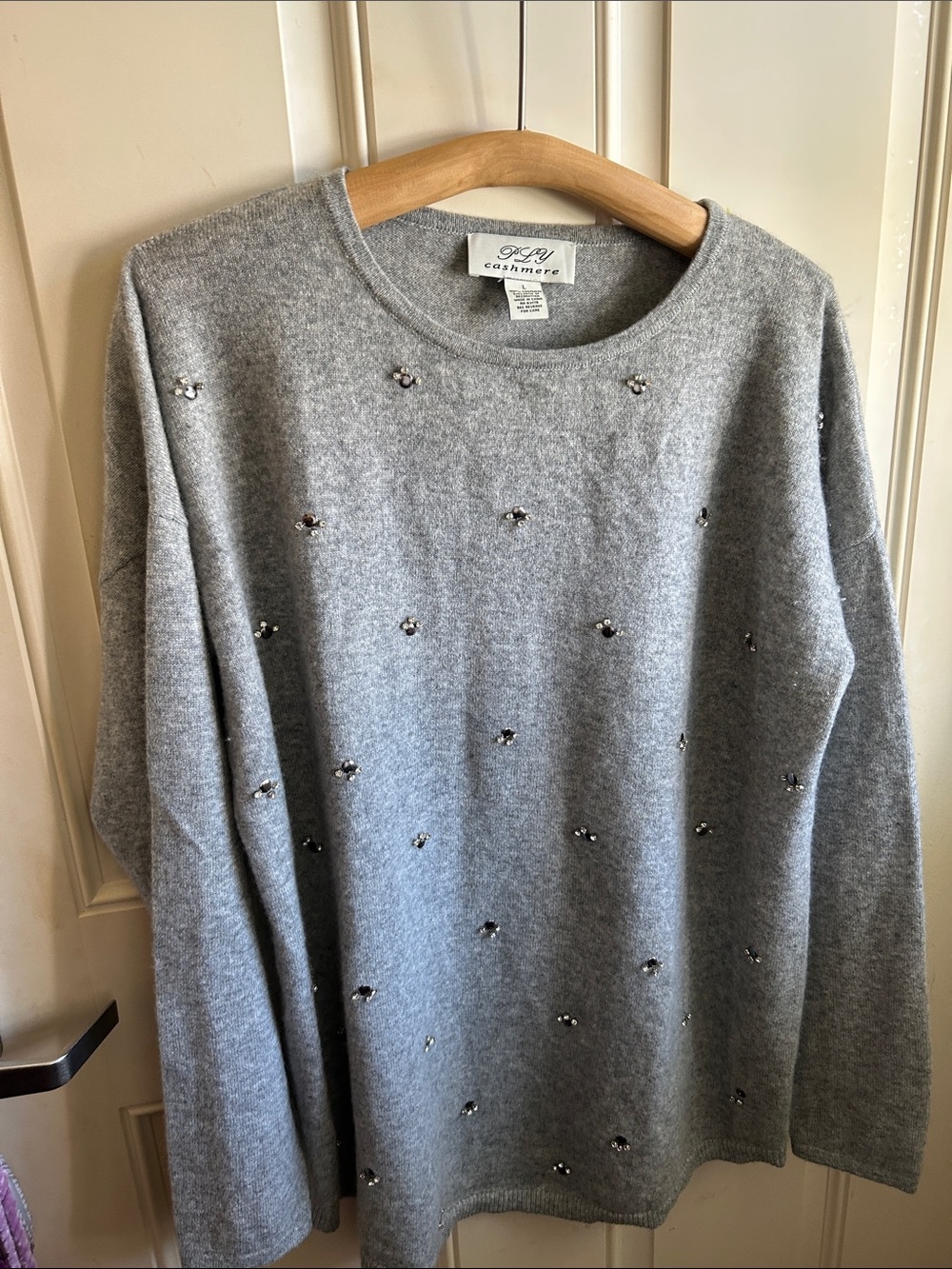 Cashmere Embellished Gray Crewneck Sweater